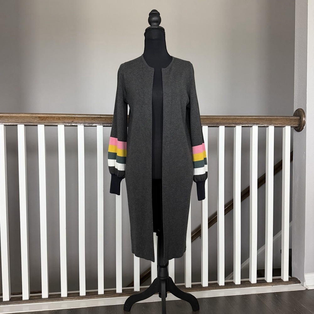 Boden Berkshire Coatigan Long Cardigan Gray Stripe‎ Balloon Sleeves Sz 2 Office